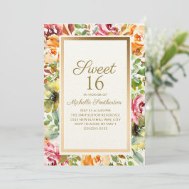 Red Oranje Floral Green Leaves Gold Sweet 16 Kaart