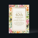 Red Oranje Floral Green leest Gold 40th Birthday Kaart<br><div class="desc">Op 40ste verjaardag van Elegant red and oranje waterverf vrouwen met groene bladeren en een gouden lijst. De tekst is volledig klantgericht,  zodat kan deze kaart voor om het even welke leeftijd worden veranderd.</div>