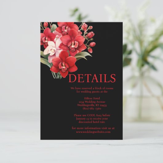 Red Orchids Wedding Details Enclosure Kaart (Staand voorkant)