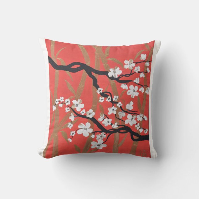 Red Oriental Cherry Blossom/Golden Bamboo Pillow Kussen (Voorkant)