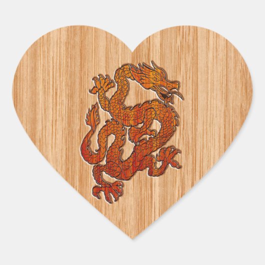 Red Oriental Dragon op Bamboo-stijl Hart Sticker (Voorkant)