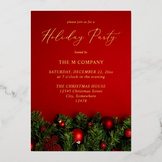 Red Ornament & Garland Holiday Folie Uitnodiging (Voorkant)