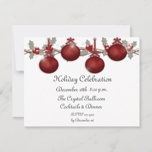 Red Ornaments Holly Invitation Kaart (Voorkant)