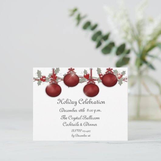 Red Ornaments Holly Invitation Kaart (Staand voorkant)