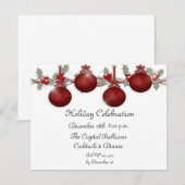 Red Ornaments Holly Invitation Kaart (Voorkant / Achterkant)