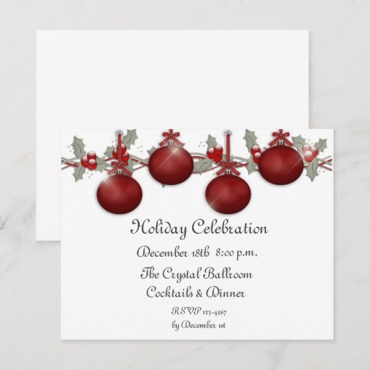 Red Ornaments Holly Invitation Kaart (Voorkant / Achterkant)