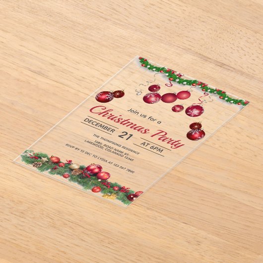 Red Ornaments Unique Christmas Acryl Uitnodigingen (Laagn)