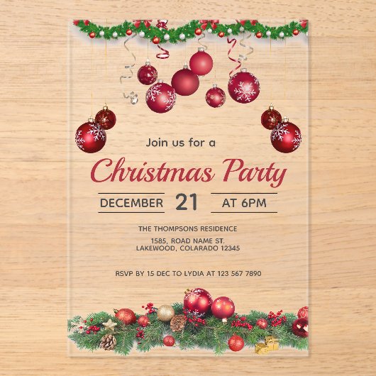 Red Ornaments Unique Christmas Acryl Uitnodigingen (Voorkant)