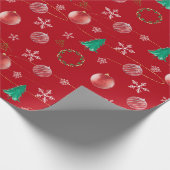 Red Ornaments & Watercolor Pines Christmas Cadeaupapier (Hoek)