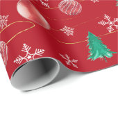 Red Ornaments & Watercolor Pines Christmas  Cadeaupapier (Rol Hoek)