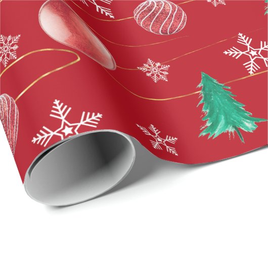 Red Ornaments & Watercolor Pines Christmas  Cadeaupapier (Rol Hoek)
