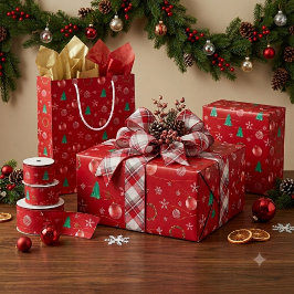 Red Ornaments & Watercolor Pines Christmas Cadeaupapier