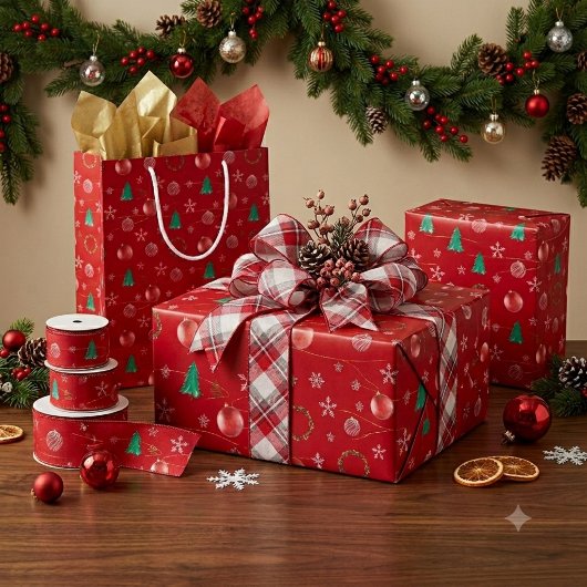 Red Ornaments & Watercolor Pines Christmas Cadeaupapier