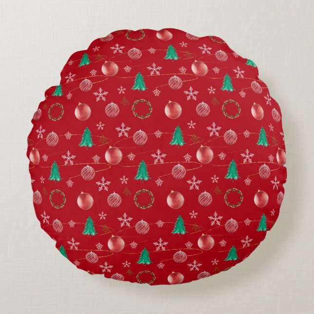 Red Ornaments & Watercolor Pines Christmas  Rond Kussen (Voorkant)