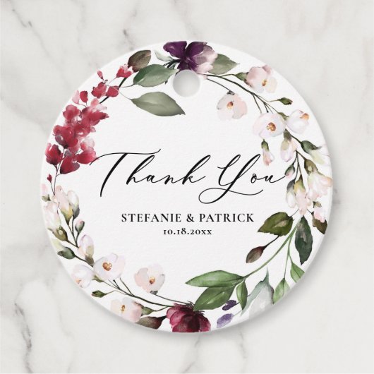Red, Paars en Blush Floral Wreater Dank je Bedankjes Labels (Voorkant)