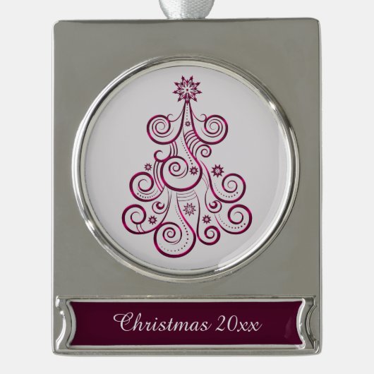 Red Paars Swirl Retro Holiday Tree Verzilverd Banner Ornament (Voorkant)