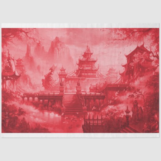 Red Pagoda Asian Decoupage Paper Tissuepapier (Voorkant)