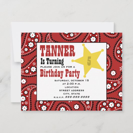 Red Paisley Bandana Kinder Cowboy Birthday Invite Kaart (Voorkant)