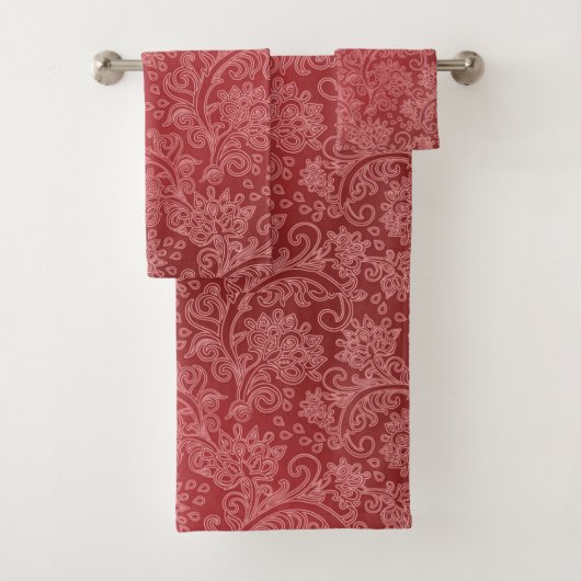 Red Paisley Damask Designer Floral Classic Bad Handdoek (Insitu)