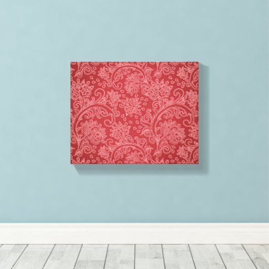 Red Paisley Damask Designer Floral Classic Canvas Afdruk (Insitu (Houten vloer))