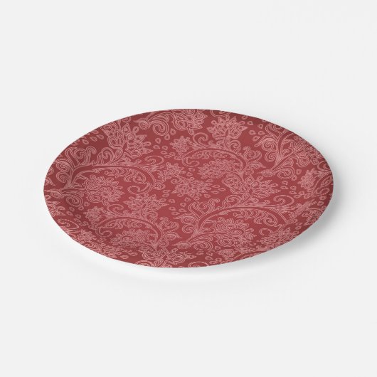 Red Paisley Damask Designer Floral Classic Papieren Bordje (Gekanteld)