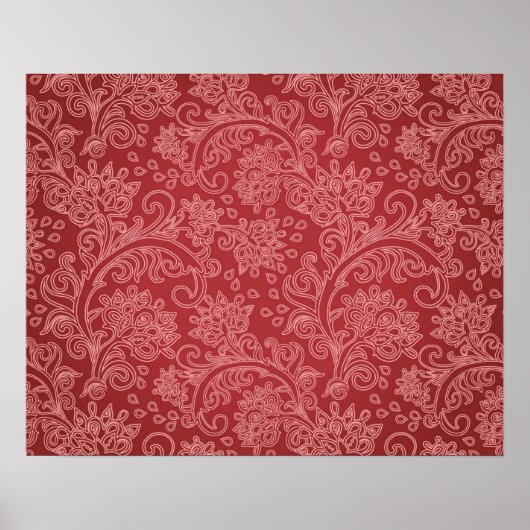 Red Paisley Damask Designer Floral Classic Poster (Voorkant)