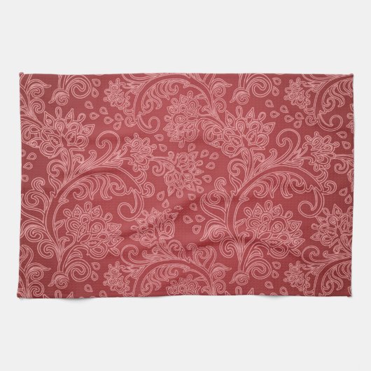 Red Paisley Damask Designer Floral Classic Theedoek (Horizontaal)
