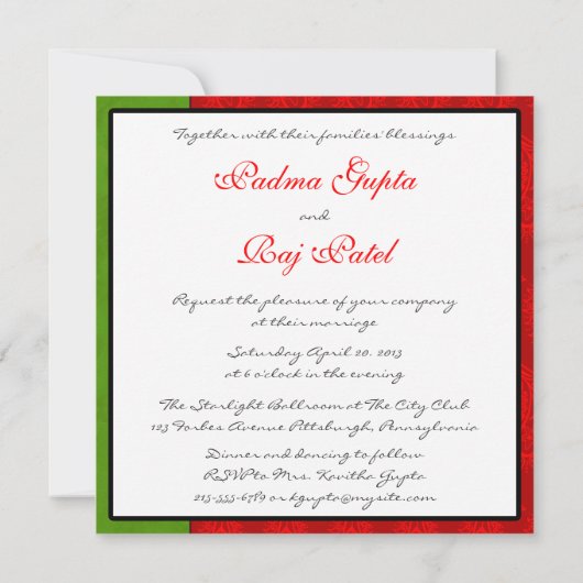 Red Paisley Peacock Indian Wedding Invitation Kaart (Achterkant)