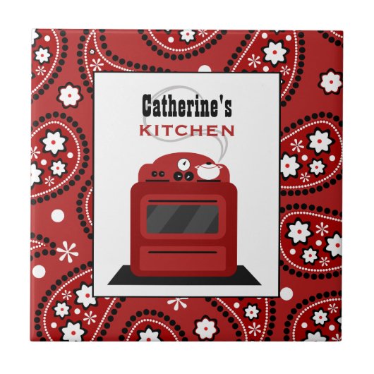 Red Paisley & Retro Stove Kitchen Tile Tegeltje (Voorkant)