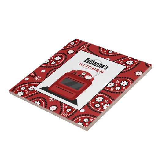Red Paisley & Retro Stove Kitchen Tile Tegeltje (Zijkant)