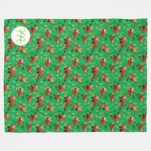 Red Panda & Bamboe Leaves Patroon & Monogram Fleece Deken (Voorkant (Horizontaal))