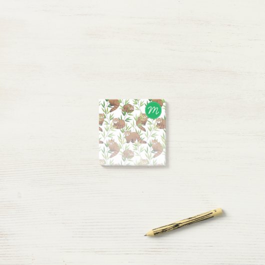 Red Panda & Bamboe Leaves Patroon & Monogram Post-it® Notes (Op bureau)