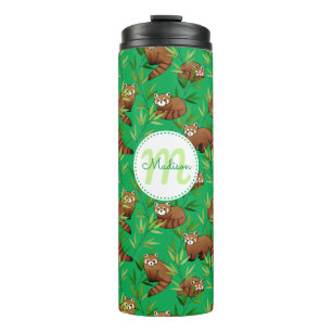 Red Panda & Bamboe Leaves Patroon & Monogram Thermosbeker