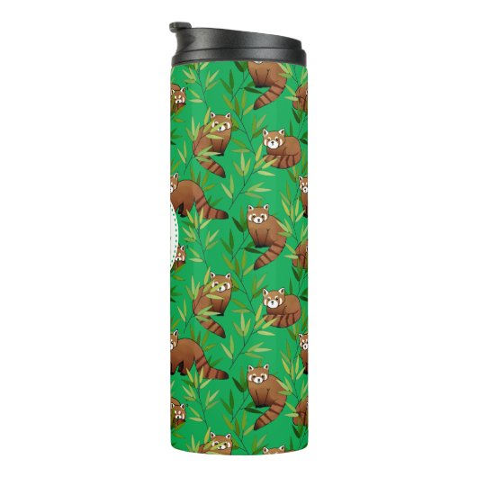 Red Panda & Bamboe Leaves Patroon & Monogram Thermosbeker (Geroteerd rechts)