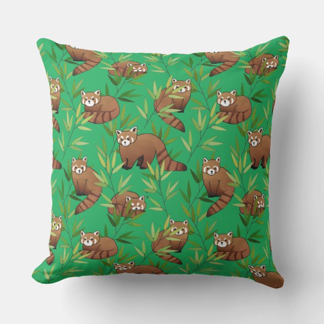 Red Panda & Bamboe Leaves Pattern Buitenkussen (Voorkant)