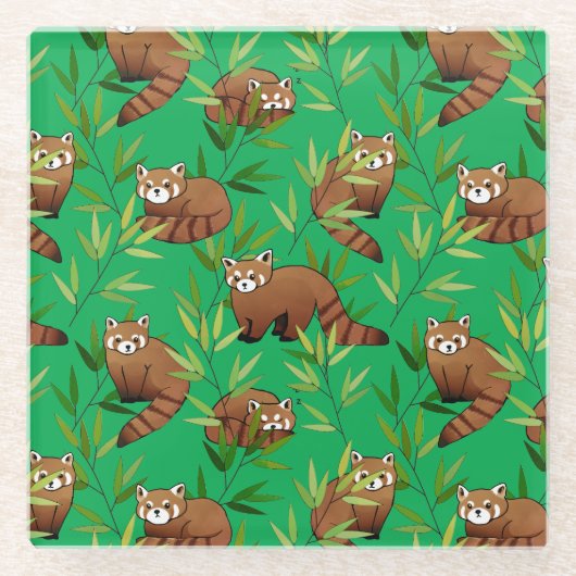 Red Panda & Bamboe Leaves Pattern Glazen Onderzetter (Voorkant)