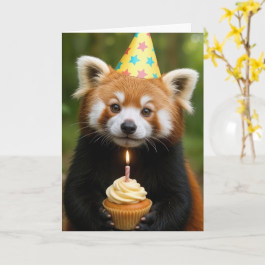 Red Panda Beer met een verjaardagscupcake Kaart (Gele Bloem)