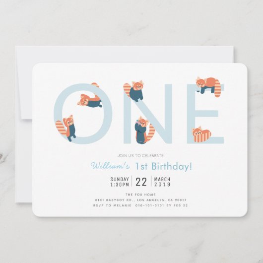 Red Panda Blue Boy 1e verjaardag uitnodiging (Voorkant)