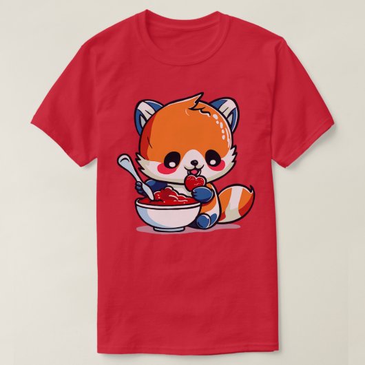 Red Panda eet een kom met aardbeienpudding T-shirt (Design voorkant)