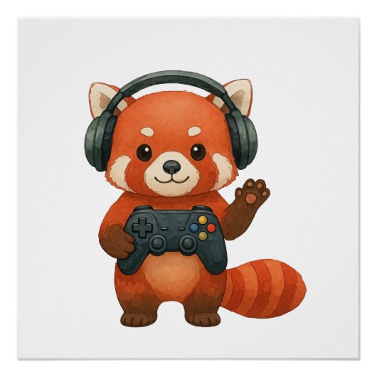 Red Panda Gamer, Gaming Controller & Hoofdtelefoon Perfect Poster (Voorkant)