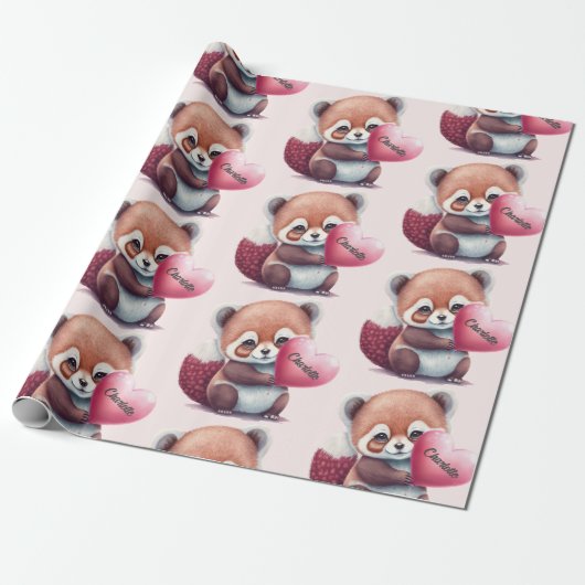 Red Panda Heart Waterverf Naam toevoegen Cadeaupapier (Uitgerold)