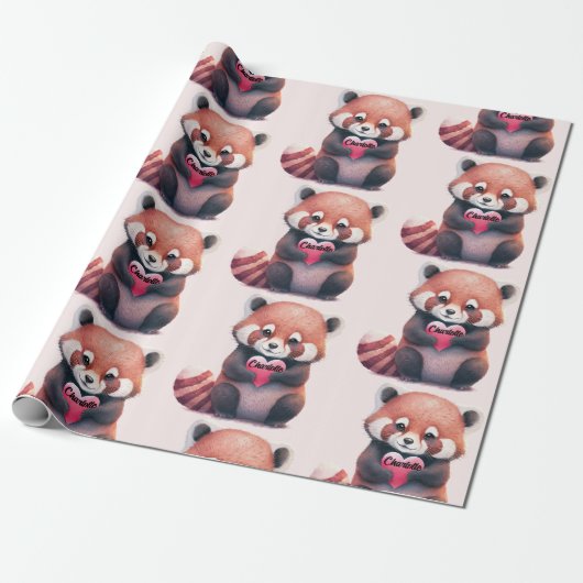 Red Panda Heart Waterverf Naam toevoegen Schattige Cadeaupapier (Uitgerold)