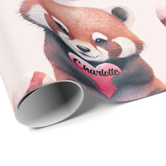 Red Panda Heart Waterverf Naam toevoegen Schattige Cadeaupapier (Rol Hoek)