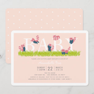 Red Panda Light Pink Baby shower Invitation Kaart