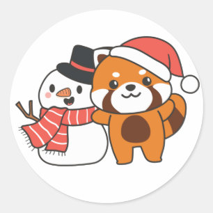 Red Panda met Snowman in de winter voor kerstmis Ronde Sticker