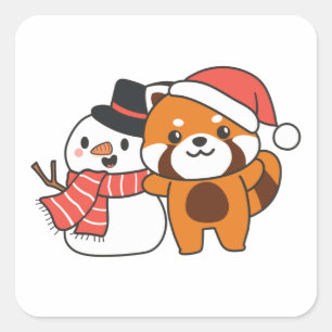 Red Panda met Snowman in de winter voor Kerstmis Vierkante Sticker