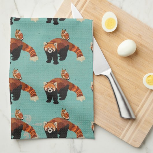 Red Panda & Owl Towel Theedoek (Quarter Fold)
