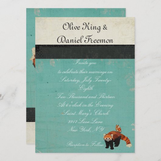 Red Panda & Owl Wedding Invitation Kaart (Voorkant / Achterkant)