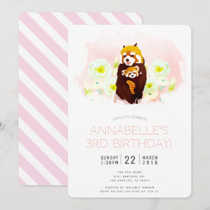 'Red Panda' Pink Floral Girl Verjaardag Uitnodigin Kaart
