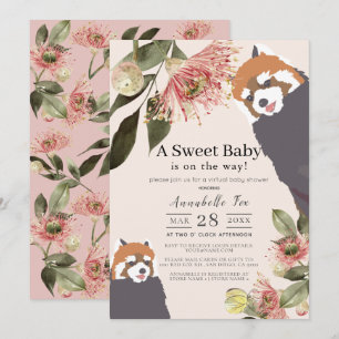 Red Panda Pink Floral Girl Virtual Baby shower Kaart